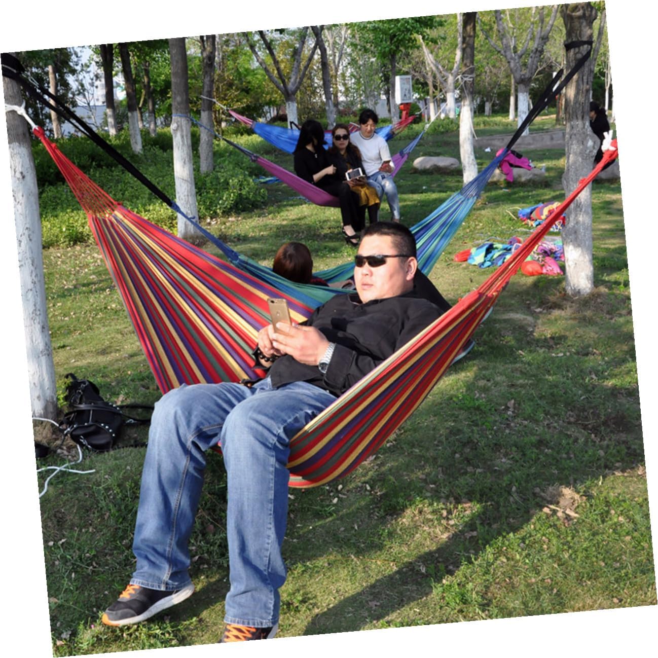 Double Thickened Canvas Outdoor Hammock with Two Binding Ropes and Carry Bag Lightweight Camping Swing Chair in Red for Travel Backpacking Relaxation