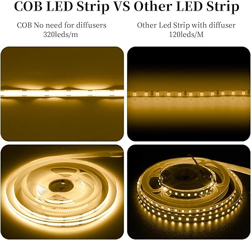 Miniatura 3 de iNextStation COB - Tira de luz LED blanca cálida 3000K 16.4ft 5M, DC12V CRI 93+ regulable, cinta de luces LED flexibles para dormitorio, cocina,