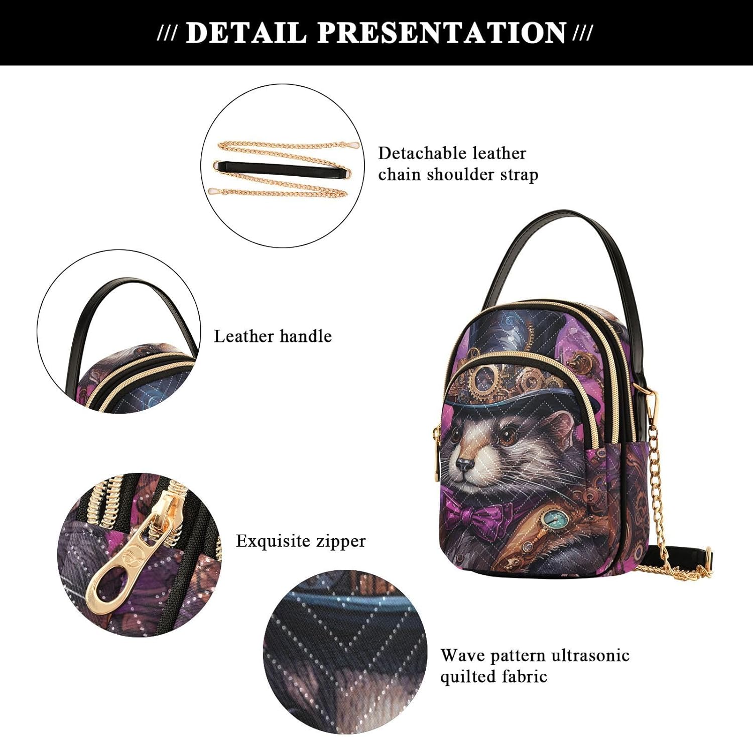 Women's Sling Bags-Steam Punk Animal, Fashion Crossbody Handbags Purse with Chain Strap Top handle 5.91×3.15×8.27 Inches