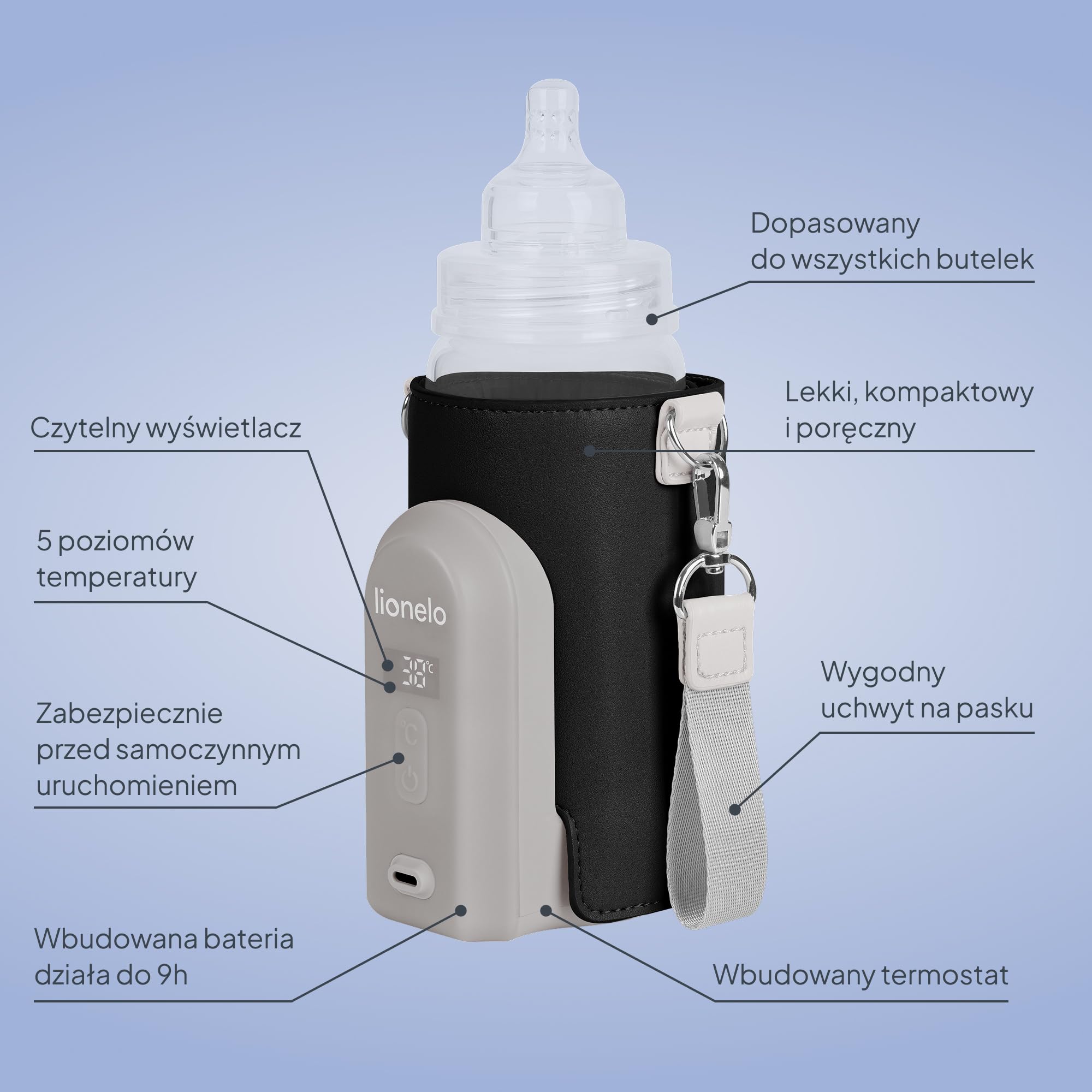 Lionelo Thermup Go Evo Zaawansowany przenośny podgrzewacz do butelek z baterią USB-C 9 godz., wyświetlacz LCD, 5 ustawień temperatury 38-50°C, pasuje do butelek 50-80 mm, kompatybilny z ładowarką