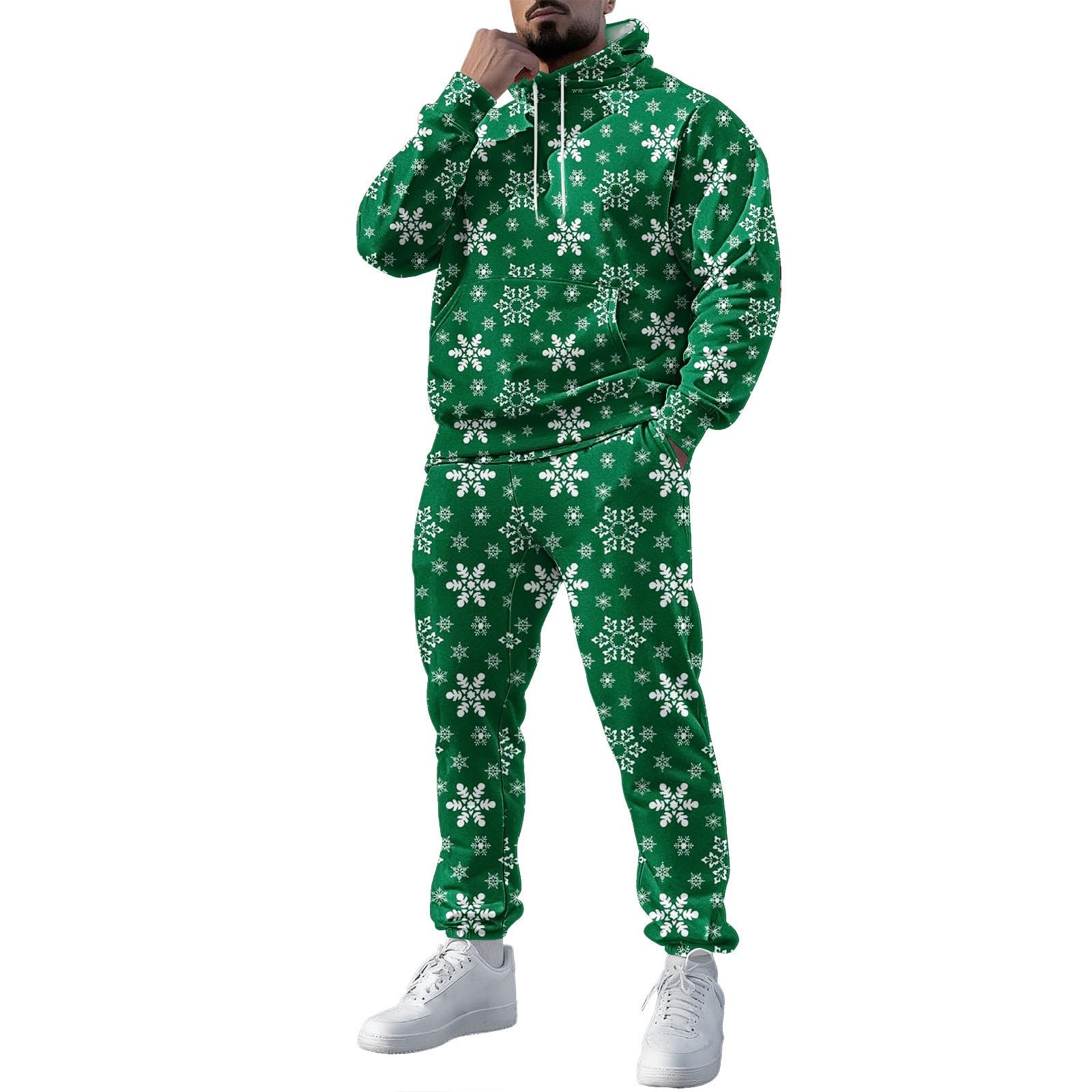 Tute da uomo con stampa grafica natalizia, set da 2 pezzi, con cappuccio e pantaloni della tuta, casual, per Natale, atletica, autunno, inverno, attività all'aperto