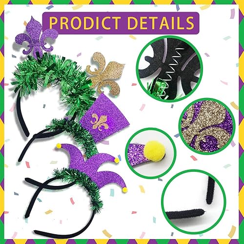 Miniatura 3 de Diadema de Mardi Gras, tiara verde, lentejuelas con purpurina, diadema de Mardi Gras Fleur de Lis para mujer, sombrero morado de carnaval, corona,