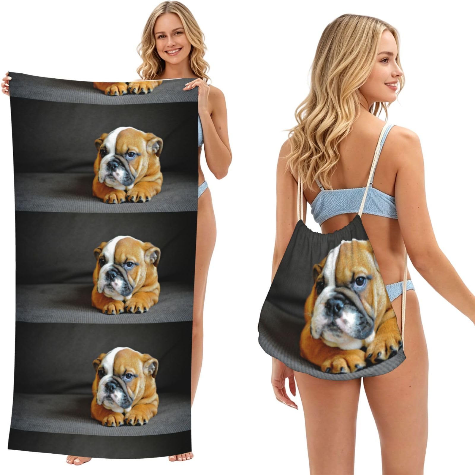 Poadnly As Picture Kneeling English Bulldog, 2 In 1 Packable Towel Bag, Beach Towels With Drawstring Backpack For Travel Holiday Camping
