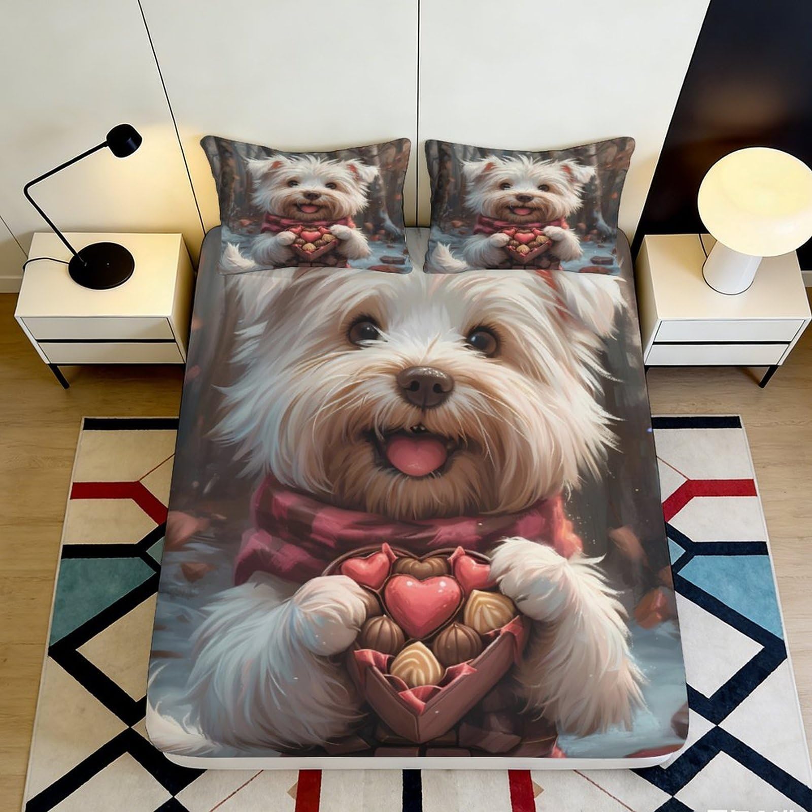3D Printed Cute Dog Fitted Sheet Microfiber Soft Washable Heart Gift Bed Cover for Bedroom Guestroom Decor 90x200x25cm