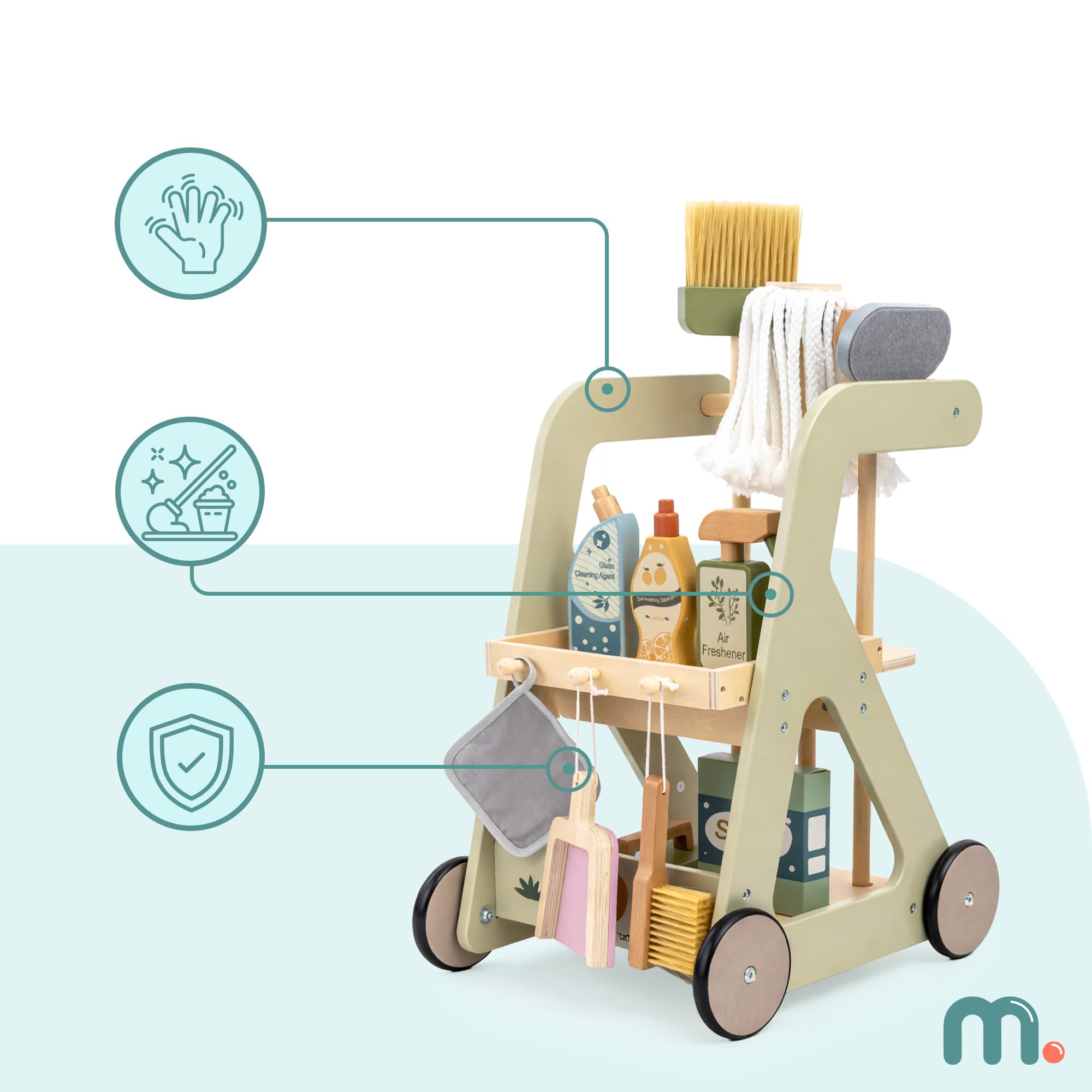 Mamabrum Carrello per la pulizia dei bambini in legno con accessori su ruote set da 11 pezzi giocattolo educativo gioco di ruolo