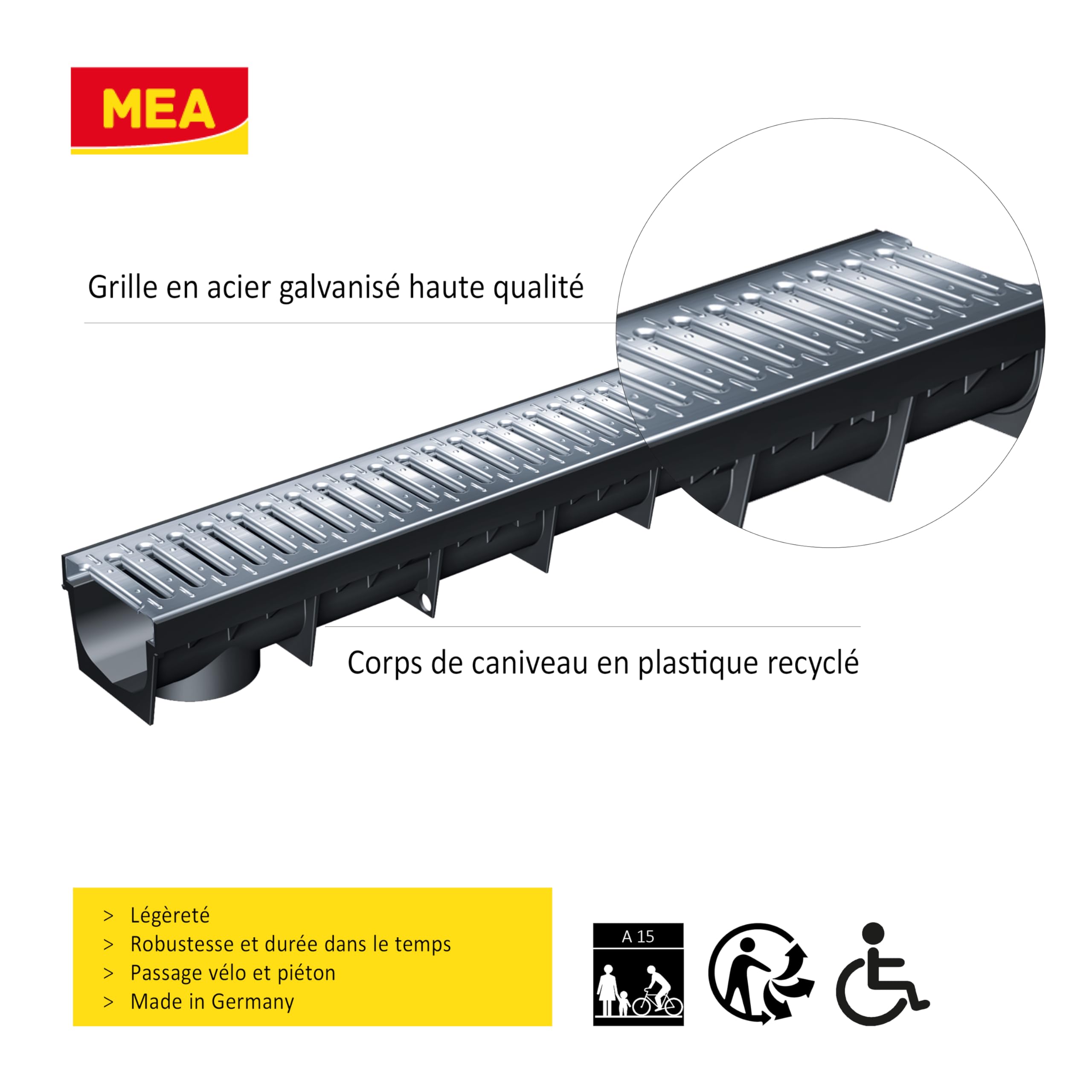 MEA Pack de 3 Caniveaux Extérieurs MEAPARK – Grille en Acier Galvanisé – Drainage Terrasse, Piscine, Jardin – Classe A15 Piéton – Largeur utile 10 cm