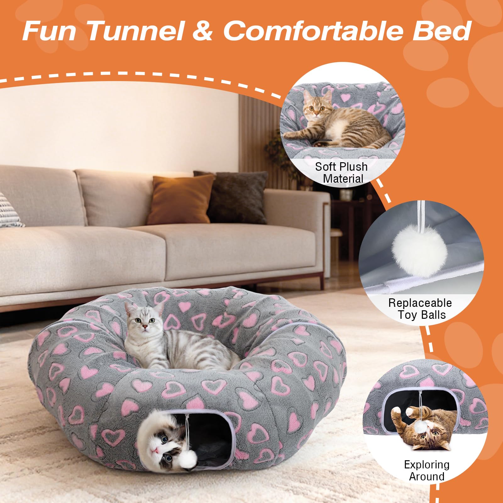 Tivray Tunnel per Gatti sotto L'albero di Natale, Letto-Tunnel in Peluche 90 cm con Palla Giocattolo e Cuscino Circolare, Grotta Interattiva Peekaboo, Regalo di Natale e Coniglietti, Grigio&Cuori