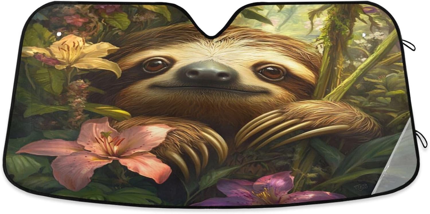 Car Windshield Sun Shade Sloth Flower Adorable Reflective Sunshade for Ultimate Protection Fits Small Sedans, Mini SUVs, Hatchbacks