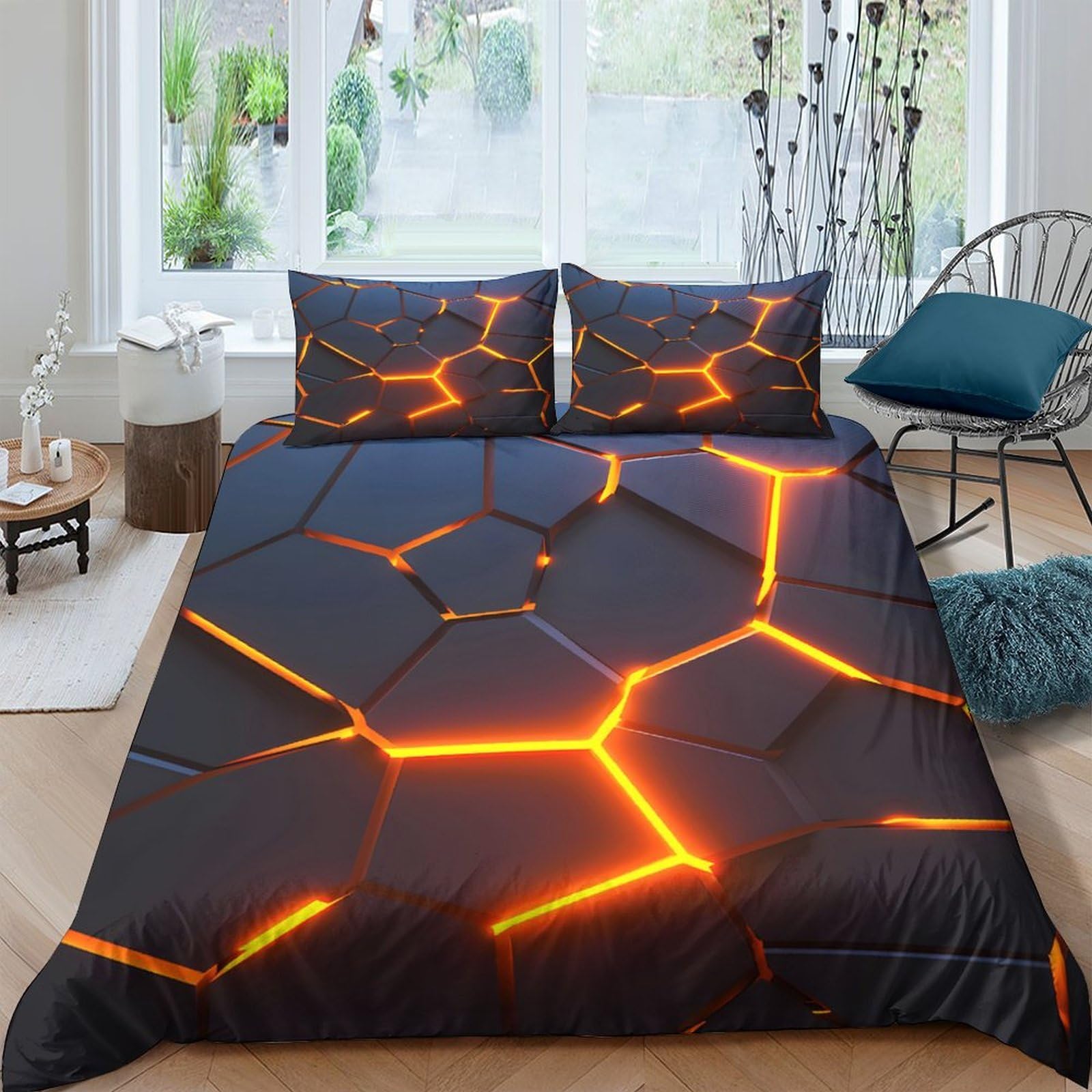 Ctjqhvkz Style-10 3D Printed Lava Cracked Fitted Sheet Microfiber Orange Geometric Bed Cover For Bedroom Dorm Easy Care Single（135X200cm）