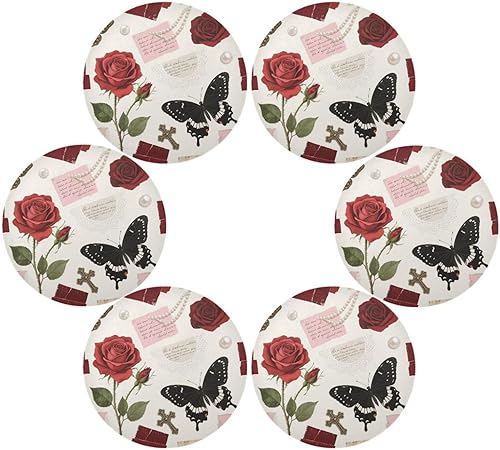 Miniatura 3 de Juego de 6 manteles individuales redondos con rosas románticas rojas, antideslizantes, reversibles, acolchados individuales para mesa de papel de
