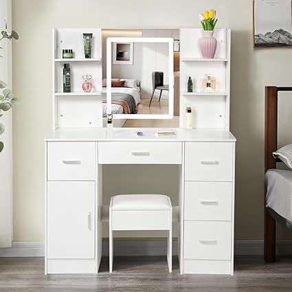 Furnilife arge Vanity Desk with Mirror and Lights, Makeup Vanity with Storage & Chair & 3 Shelves, White Vanity Set Dressing Table for Bedroom