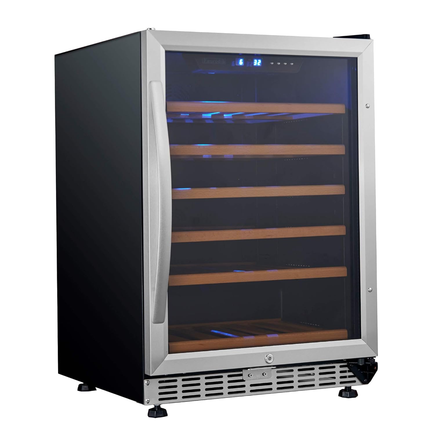 Eurodib USF54S Single Section 57-Bottle Capacity Single Temperature Full Glass Undercounter Wine Cooler Refrigerator, Urban Style, 110v, Black