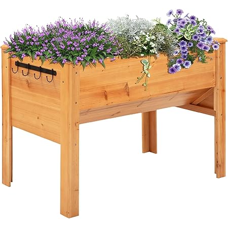 Outsunny 48" Raised Garden Bed with Hooks, 660lb Capacity Wood Elevated Planter Box with Water Draining and Liner, Funnel Design for Backyard Patio to Grow Vegetables, Herbs, Flowers, Natural