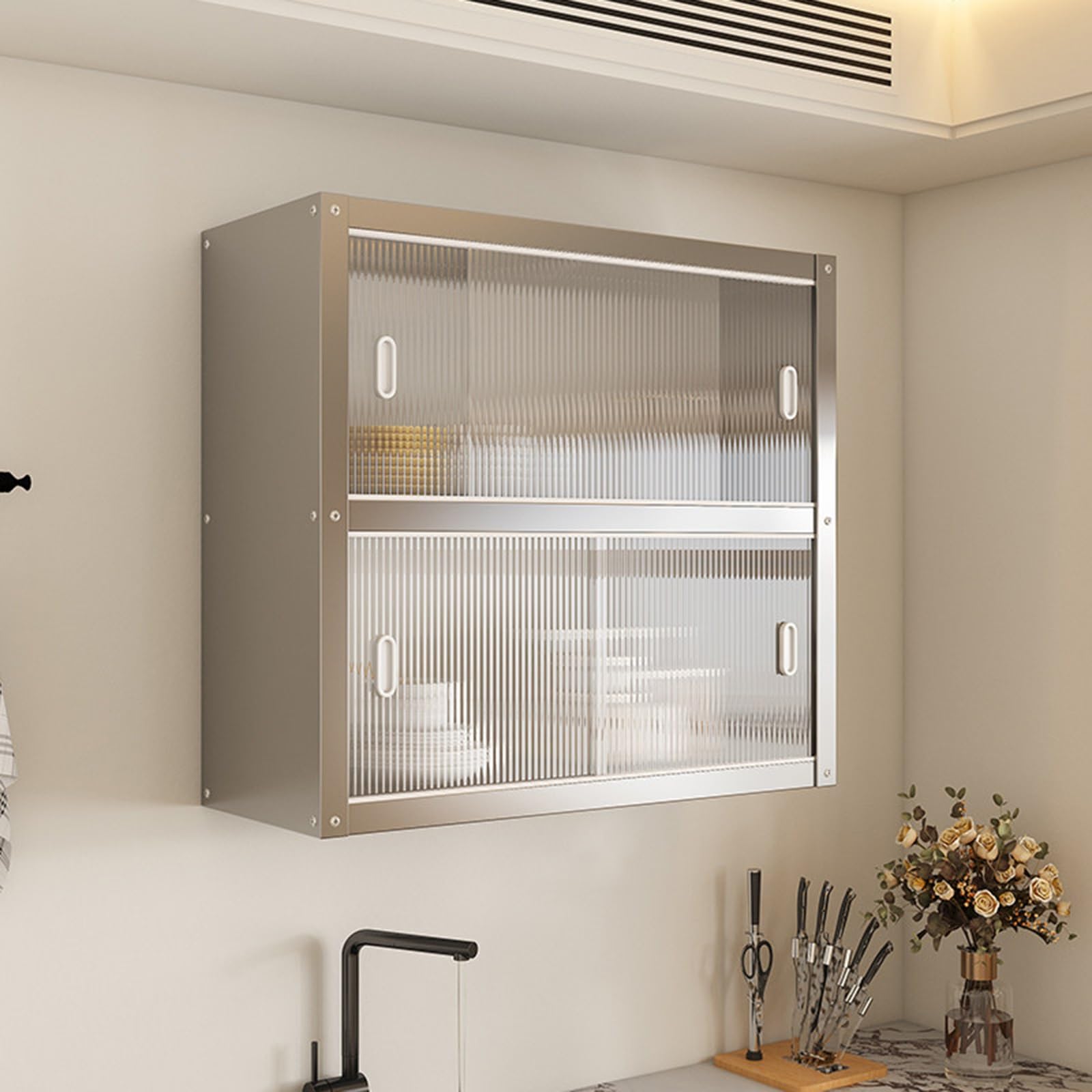 Stainless Steel Wall Cabinet With Acrylic Sliding Doors 2 Tier Metal Kitchen For Ses Dishes & Kitchen Sto,Silver-70*30*70Cm/27.6*11.8*27.6In,Silver-70*30*70cm/27.6*11.8*27.6in