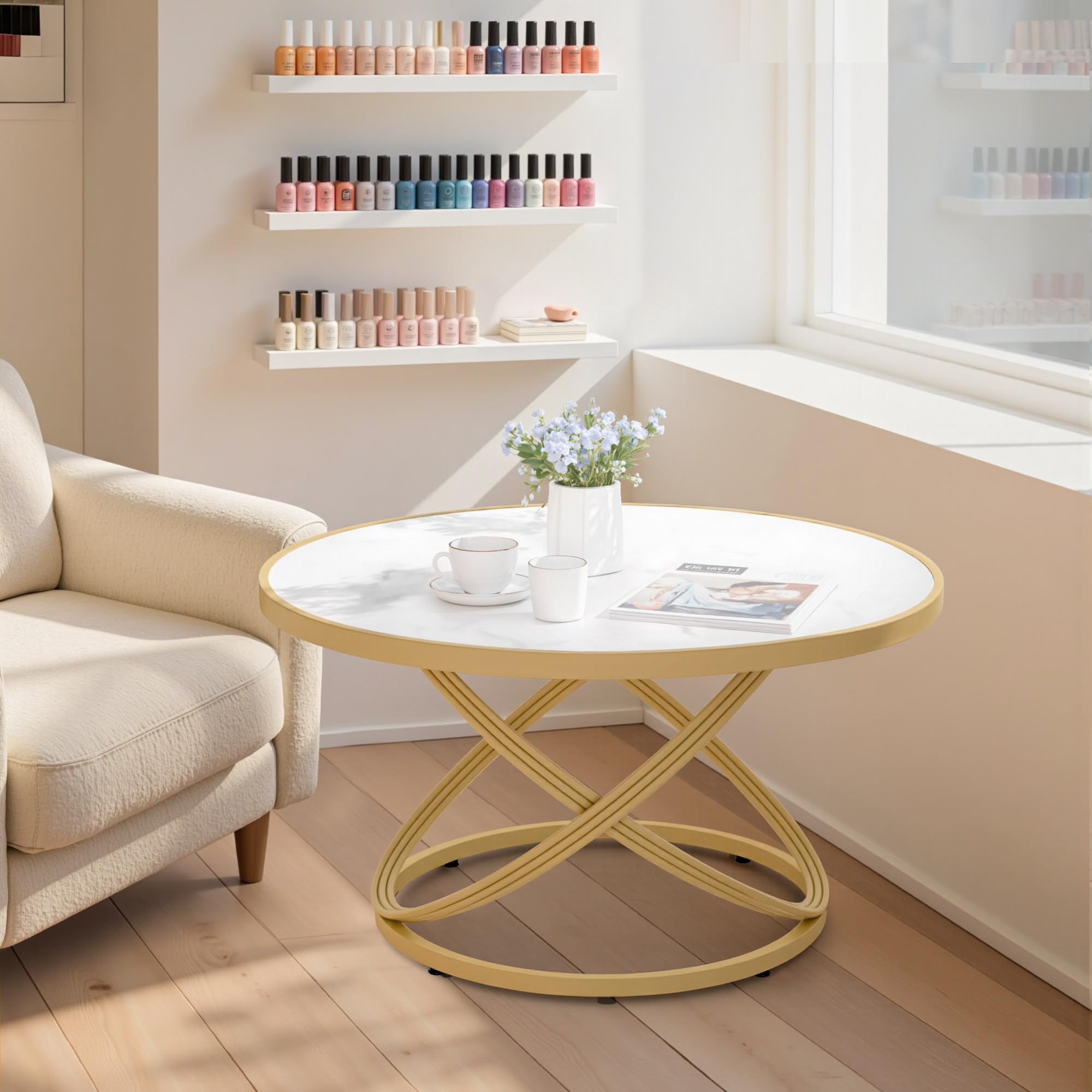 Barberpub Canapé Moderne, Petite Métal d'appoint, Table Basse pour Salon, Salon de Beauté, Plateau Marbre Blanc Doré, 80x80x45cm