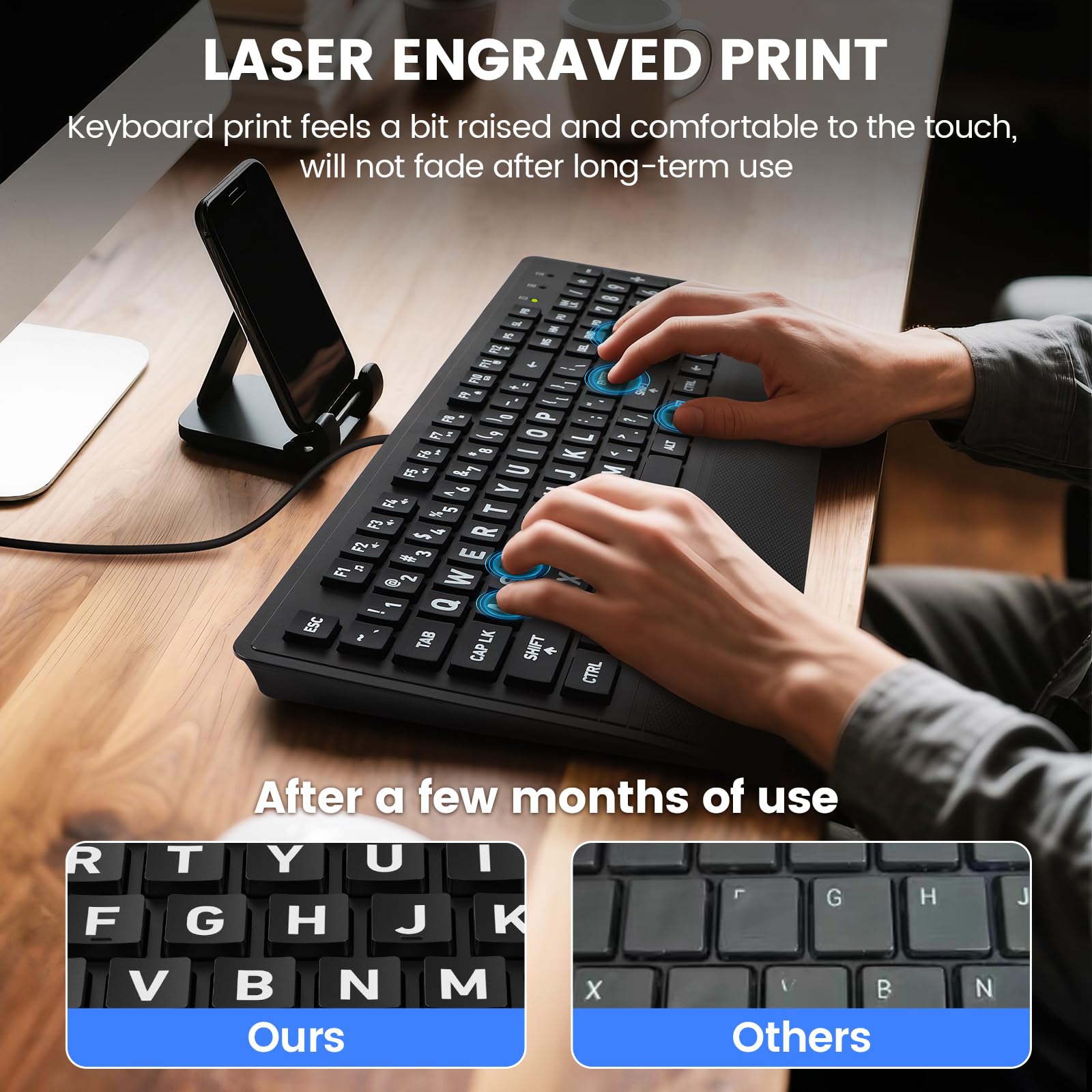 Große Drucktastatur, USB-Tastatur mit Handgelenkauflage und Staubschutz, 104 Tasten, leicht zu sehen, schwarz mit weißen Buchstaben, für Senioren, niedrige Sicht, Bürotippen, faltbare Füße