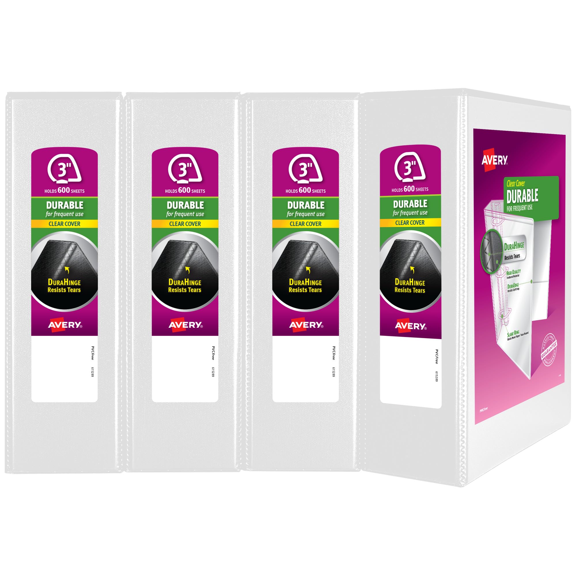 Avery 3 Ring Binder 3 Inch Slant Rings Durable View, White Binder for Home, Office, or School Use, 4 Pack (17030)
