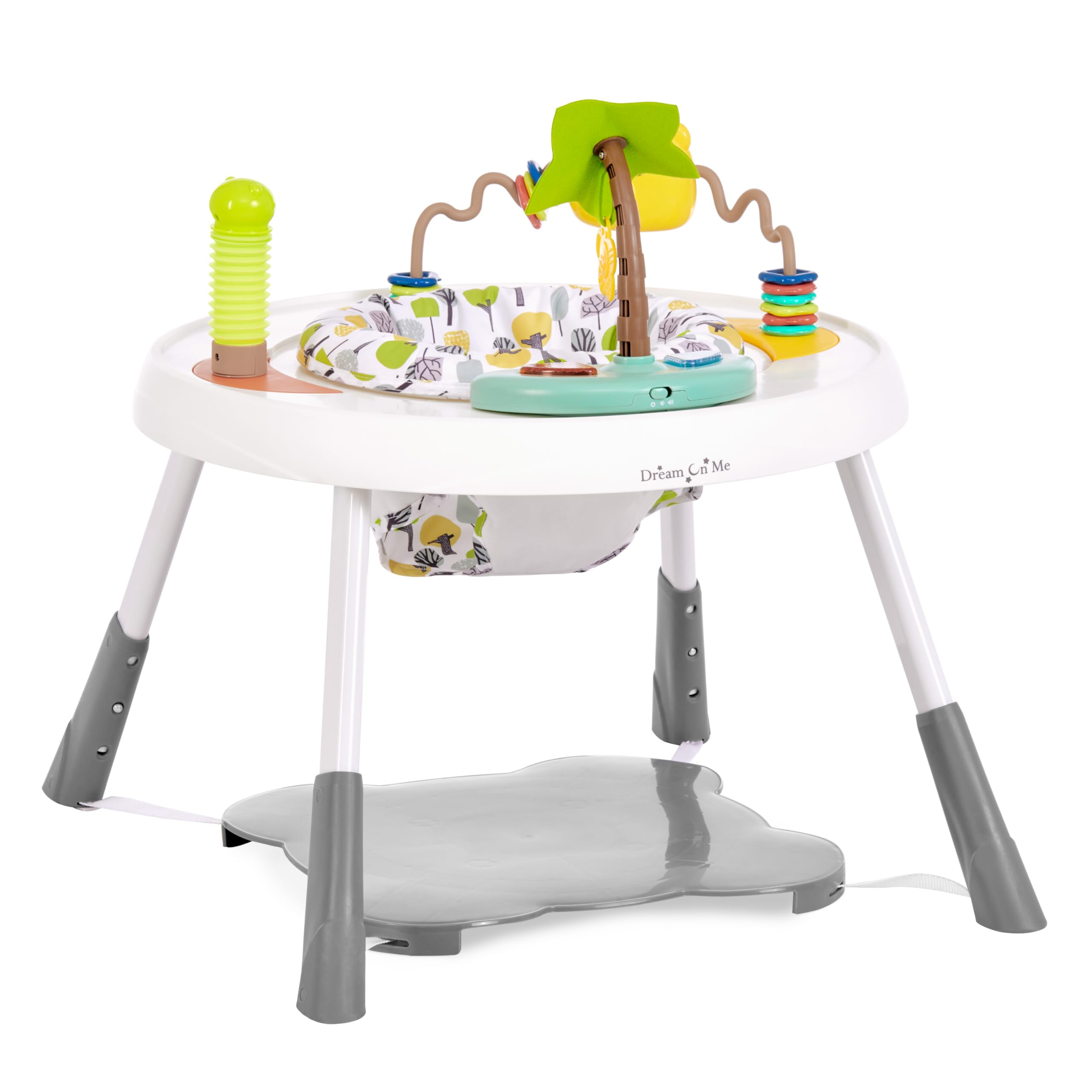 Centro de actividades para bebés Dream On Me Curio Sit N Seek en color lima. Centro de actividades 2 en 1 y mesa de juegos con 3 juguetes desmontables y música. Centro de actividades con 3 posiciones de altura ajustable para bebés.