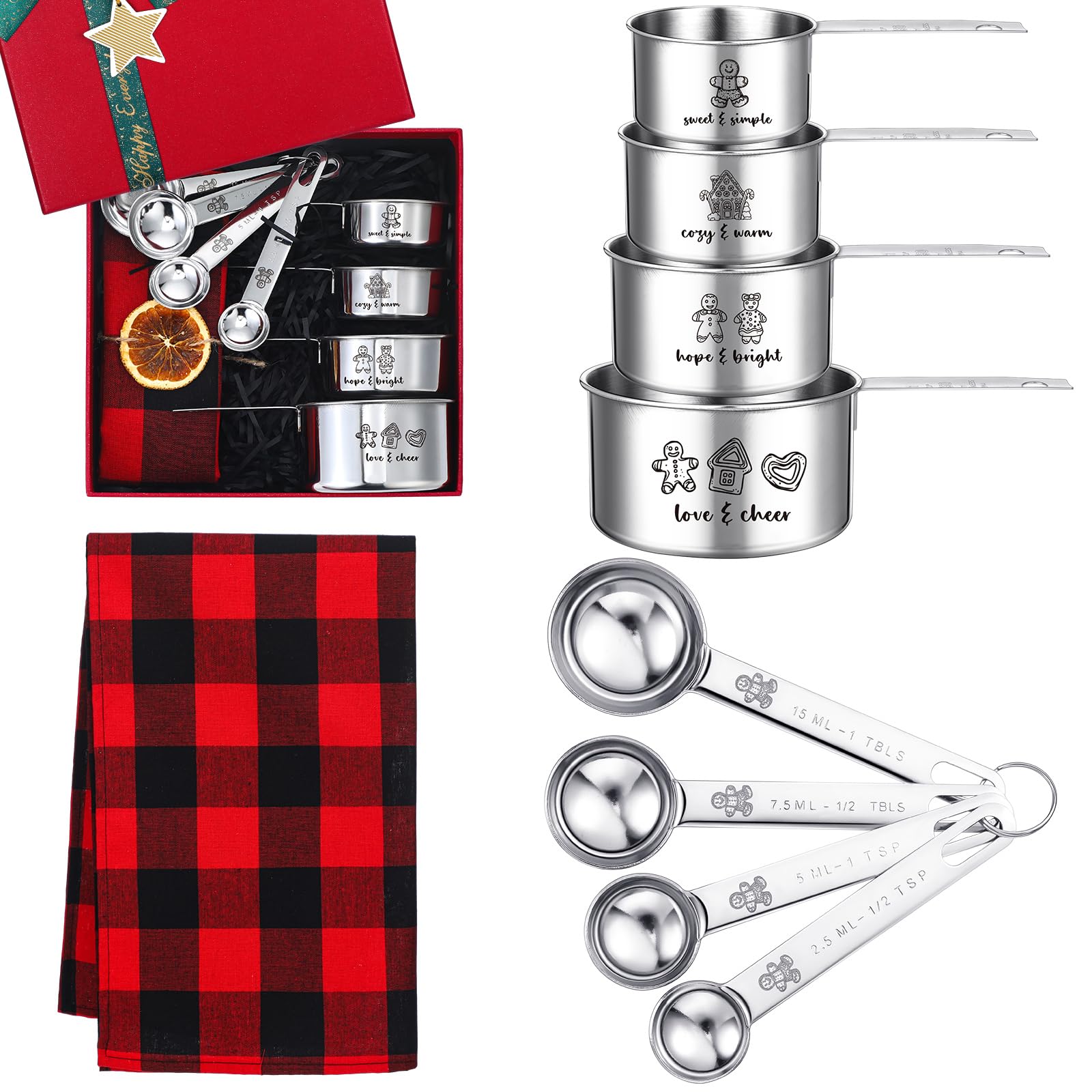 Nuogo 10-teiliges Weihnachtsmessbecher- und Löffel-Set, Weihnachtsgeschenkbox, enthält 4 Edelstahl-Messbecher, 4 Messlöffel und 1 rotes und schwarzes kariertes Handtuch, Weihnachtsgeschenk für Frauen