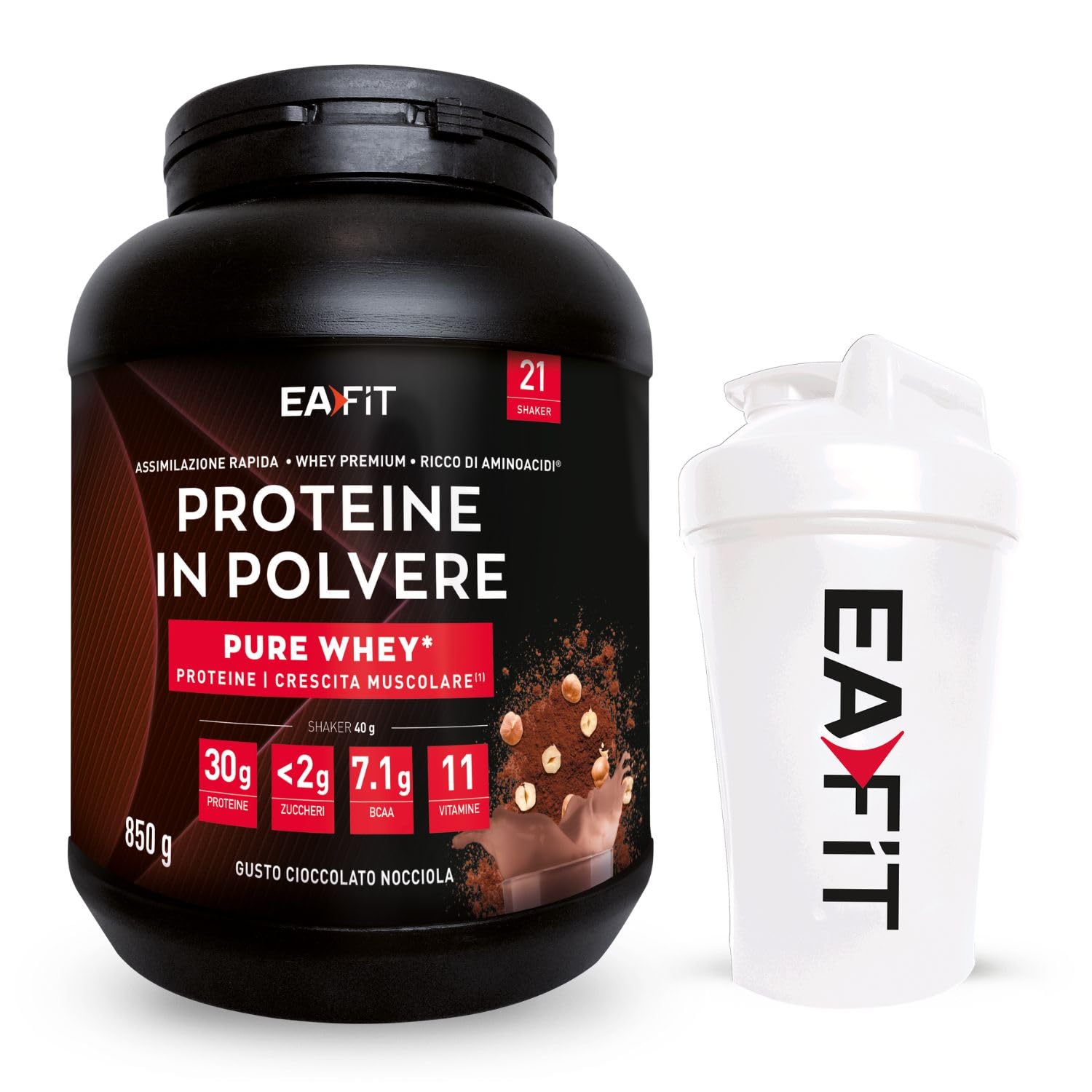 Proteine In Polvere + Shaker Proteine Blanco - Pure Whey Cioccolato alla Nocciola 850 g - shaker bianco con miscelatore in acciaio - EAFIT