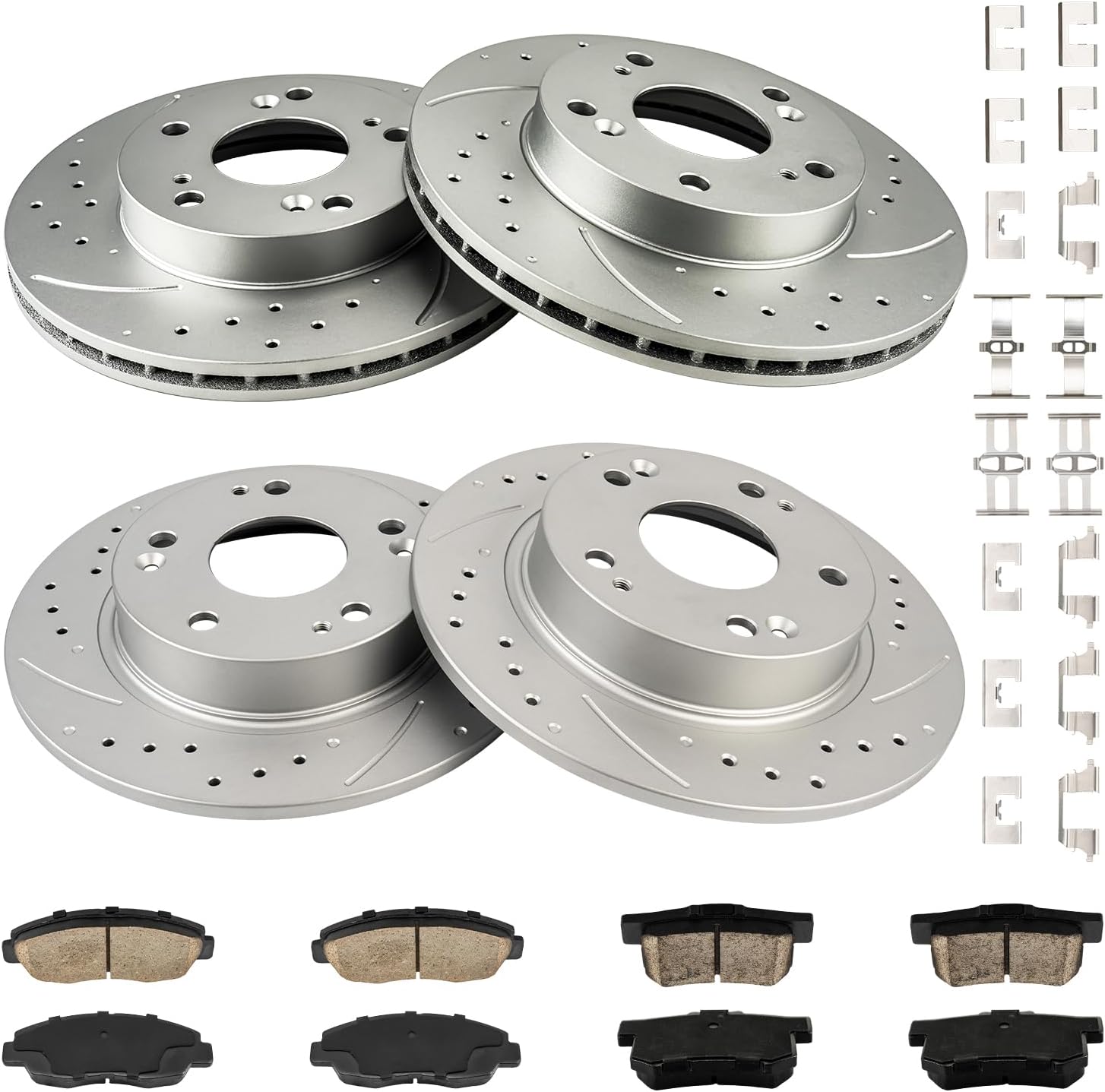 KAX 10.31" Front & 10.24" Rear Drilled and Slotted Rotors and Pads Kit For Honda Civic 2006 2007 2008 2009 2010 2011 1.8L, #31311+31420+D465A+D537 Front and Rear Brake Rotors and Pads Kit