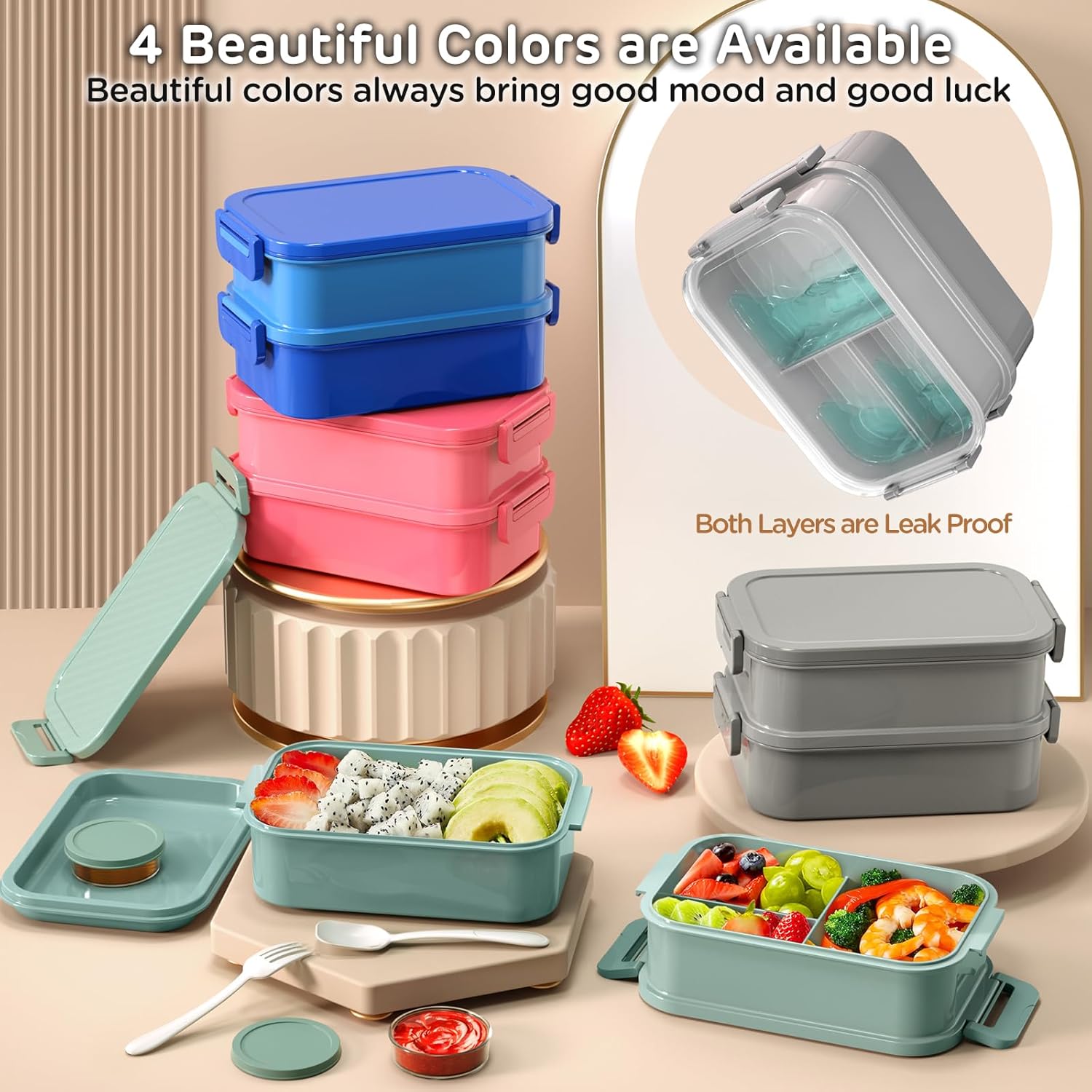 DaCool Adults Lunchbox Bento Box - 74 OZ All-in-One Stackable Lunch Box for Adults Men Women Teens Leakproof Bento Large Lunch Box Containers with Fork Spoon Sauce Box for Dining Out Work School,Grey - Image 3
