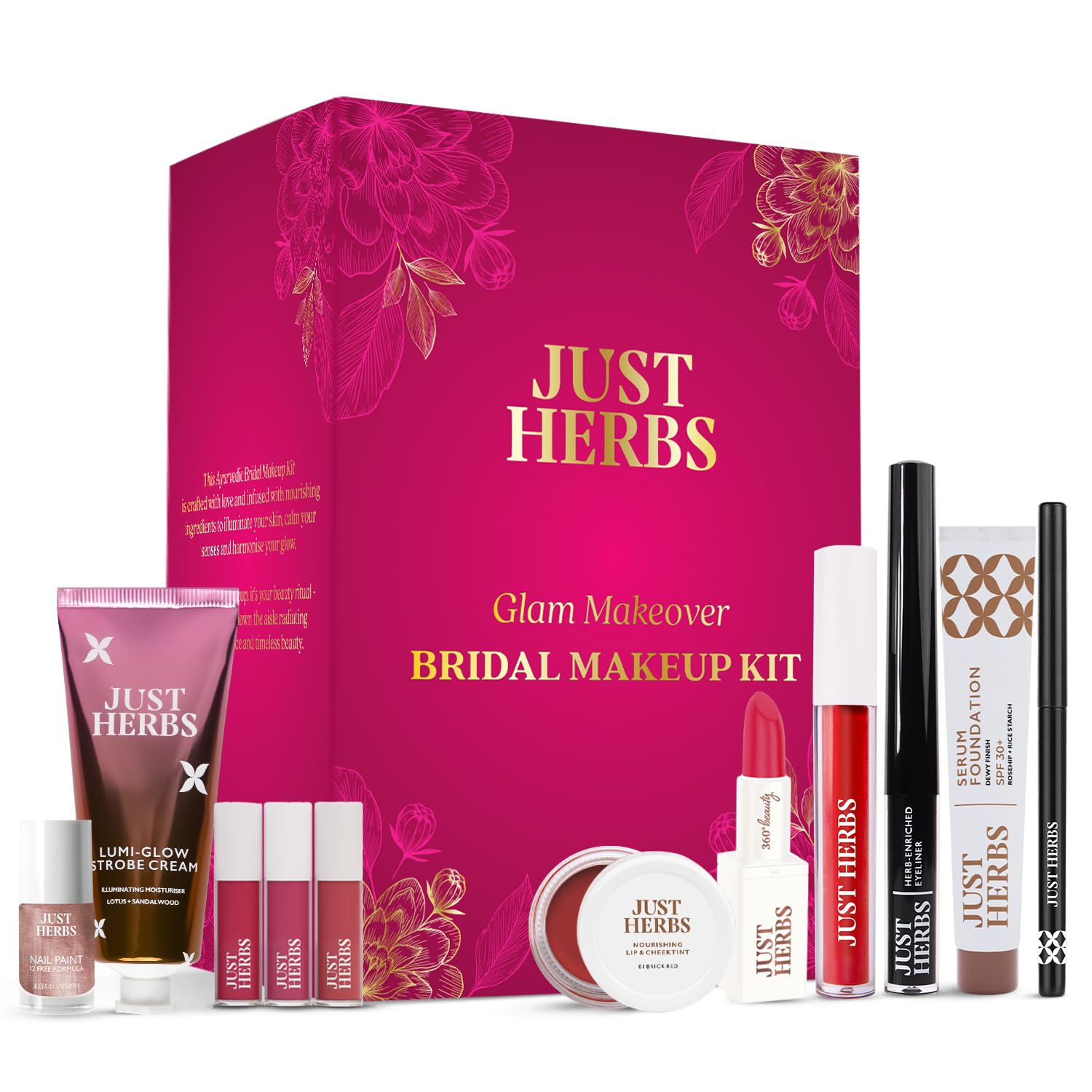 Just Herbs Wedding Kit Glam Essentials With Matte Lipstick|Lip & Cheek Tint|Strobe Cream|Kajal|Sindoor|Eyeshadow Palette|Nail Paint|Serum Foundation|Blush Drops Makeup Kit For Women (Pack Of 9)