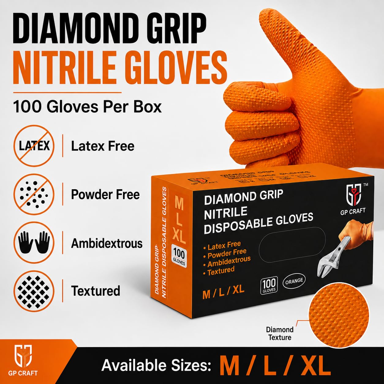 GP-68 Orange Nitrilhandschuhe, 8 mm, strapazierfähig, latexfrei, puderfrei, Einweg mit Diamantgriff, 100 Stück, L