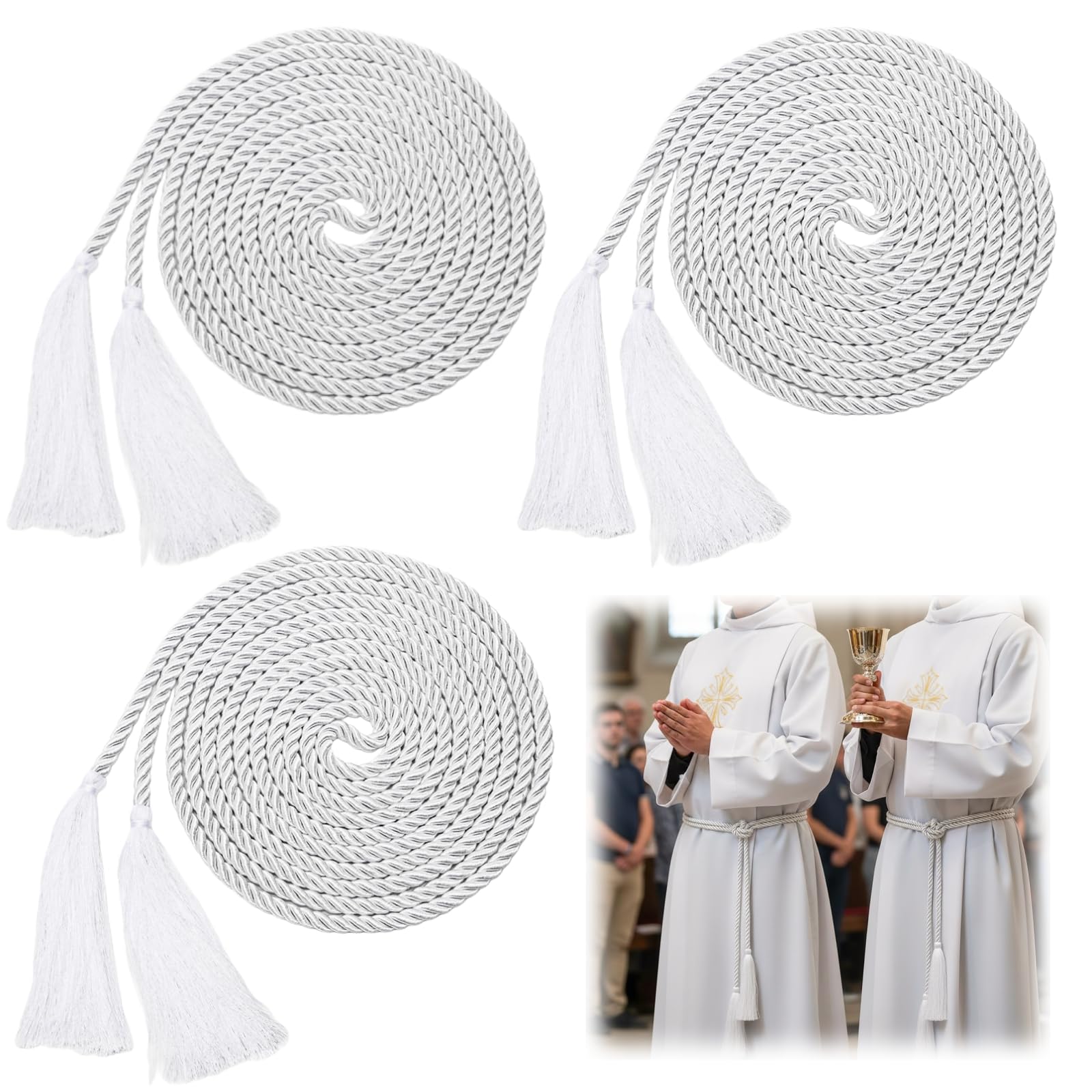 Eorbow 3 Pack Cincture Clergy Rope, 153 Inch Rope Belt for Priests, White Liturgical Cords with Tassel, Priest Accessories for Men Alba Robes Religious Rites Celebrating Masses Deacons Bishops