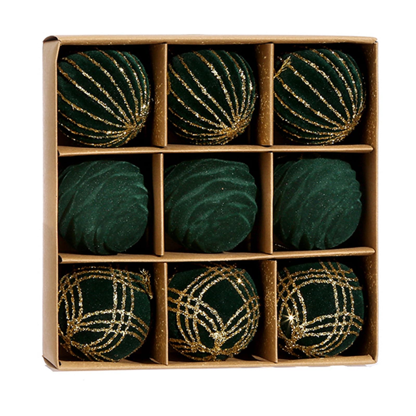 9Pcs Dark Green Velvet Christmas Baubles 60mm / 2.36 Inches, Green & Gold