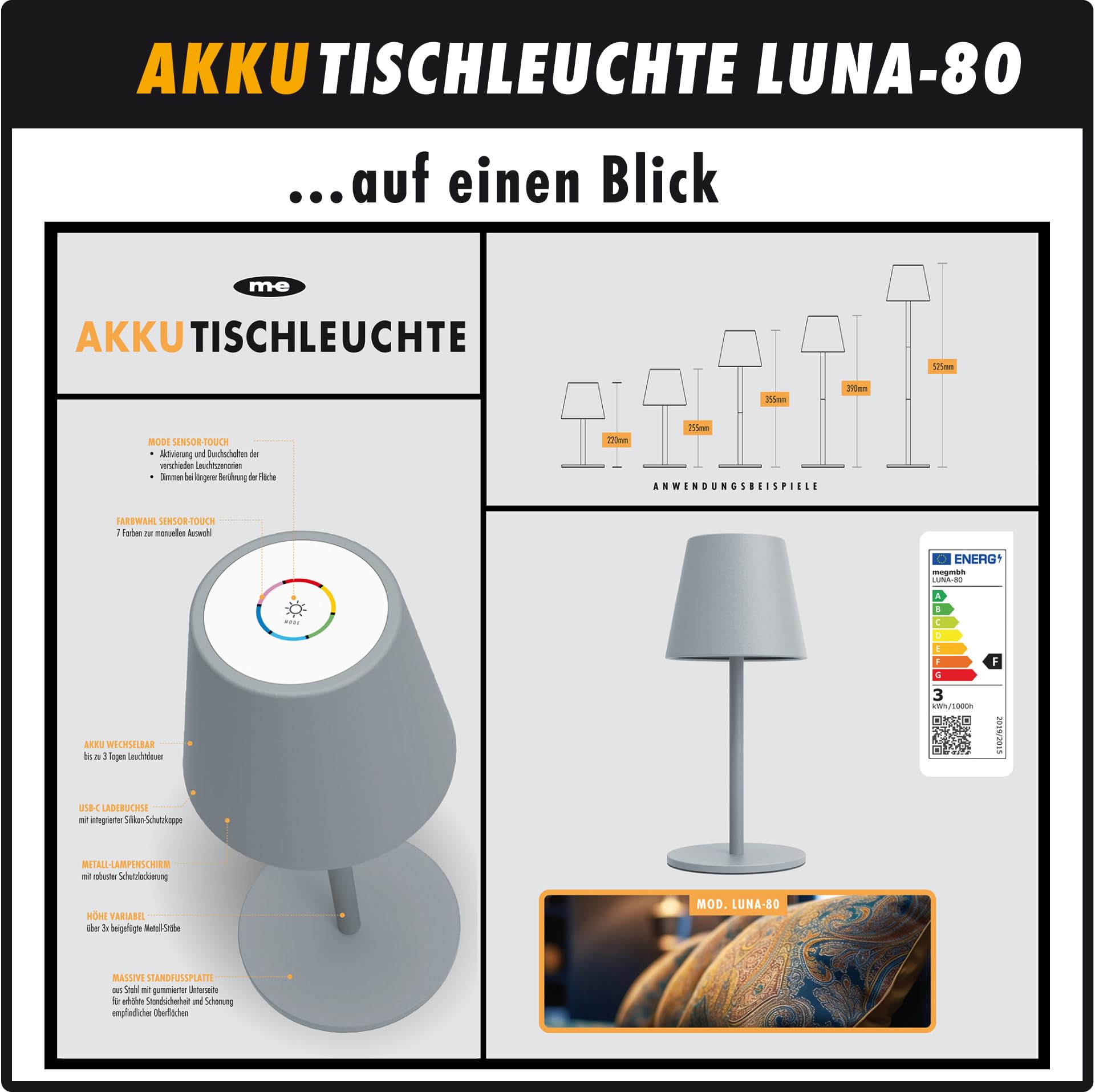 m-e LUNA-80-G, 3er-Set dimmbare kabellose LED Akku-Tischleuchte, 5200mAh, 8-72 Std Leuchtdauer, höhenverstellbar (5 Höhen), Touch-Sensor, Warmweiß & Farbwechsel (7 Farben), aus Metall