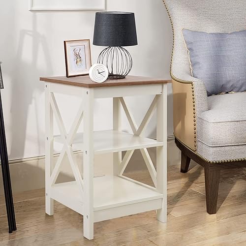 Miniatura 8 de MFSTUDIO Juego de 2 mesas auxiliares de madera para sofá de 3 niveles con estantes de almacenamiento, estructura de diseño X, mesita de noche para