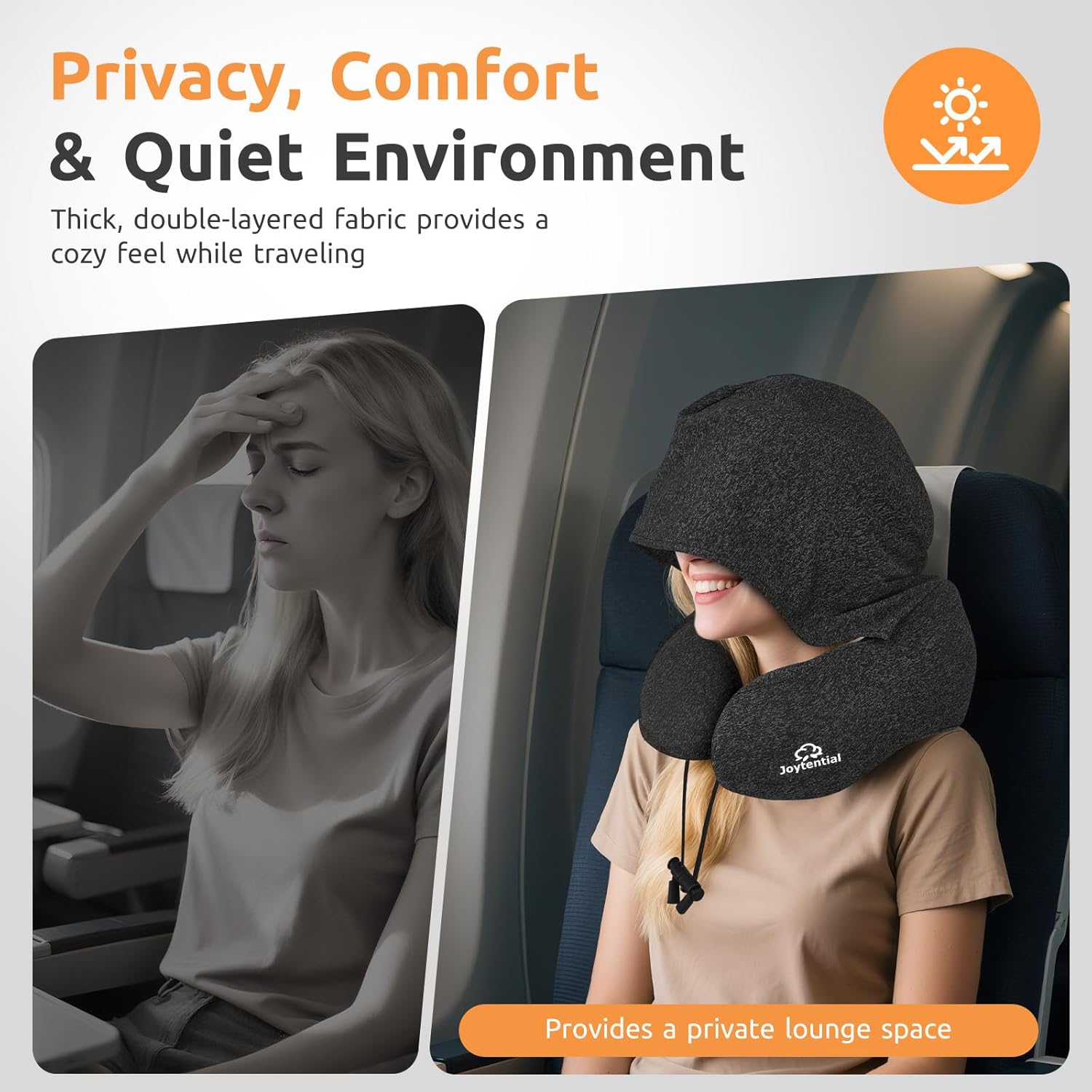 Travel Neck Pillow with Large Hood for Long Flights, Privacy Hooded Plane Pillow with Skin-Friendly Cover, Comfort Memory Foam, Travel Pillows for Road Trip, Airplane, Office Rest (Black) - Image 3