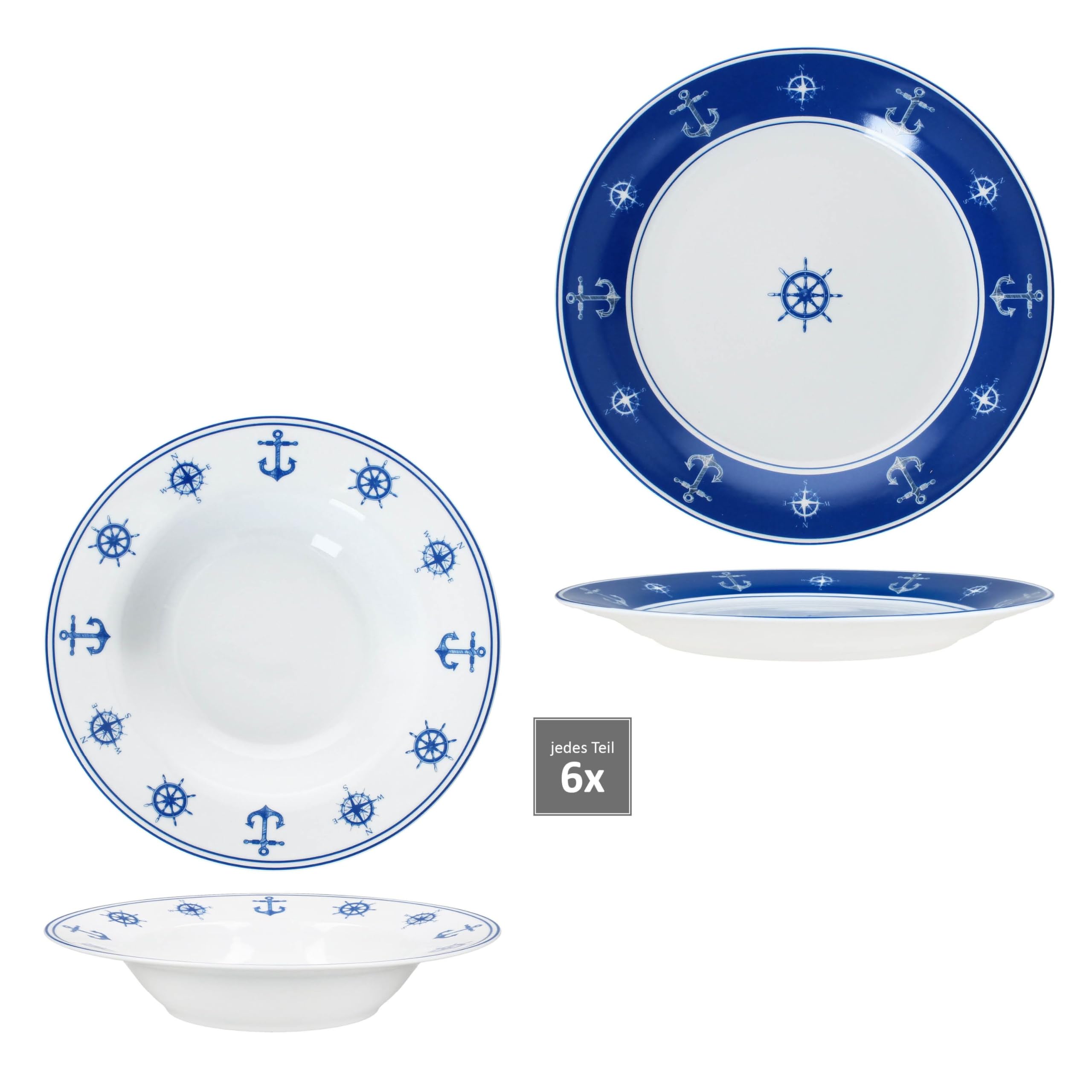 MamboCat AHOI 12tlg Tafelservice I blau-weißes Porzellan-Geschirr mit nautischen Motiven Anker & Co für 6 Personen I 6X Suppenteller & 6X Speiseteller für Frühstück, Mittag & Abendbrot