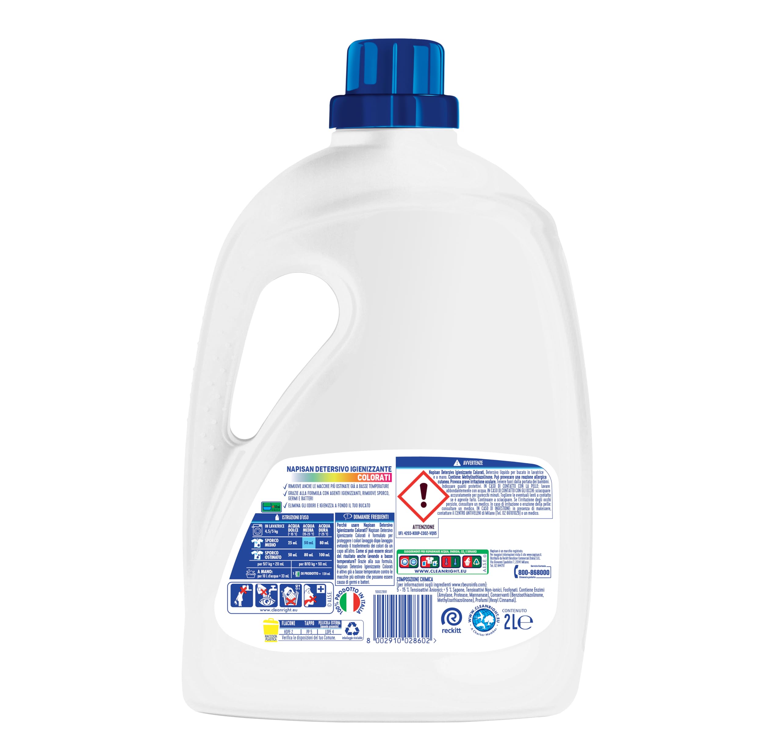 Napisan Detersivo Lavatrice Liquido Igienizzante Capi Colorati, 8 Confezioni da 2 l da 40 Lavaggi di Detersivo Lavatrice Liquido