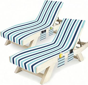 Lounge Chaise Towel Covers, Navy Blue Stripe, Pack of 2, 85 X30 in | With 3 Pockets For Pool Outdoor Beach Garden Patio Trips