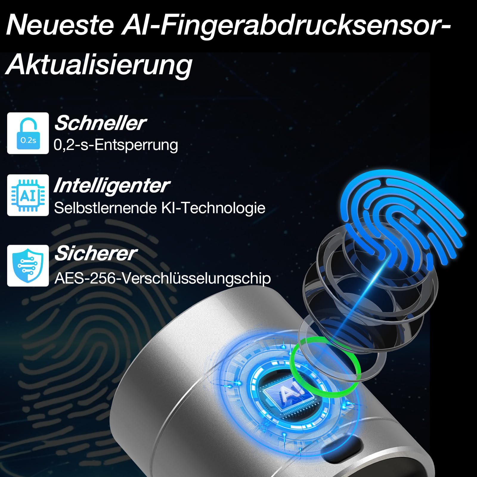 Anweller Serrure de porte électronique avec empreinte digitale - Code Smart Lock - Cylindre de serrure 70 mm avec 2 clés, 2 cartes IC, pour portes de 35 à 70 mm
