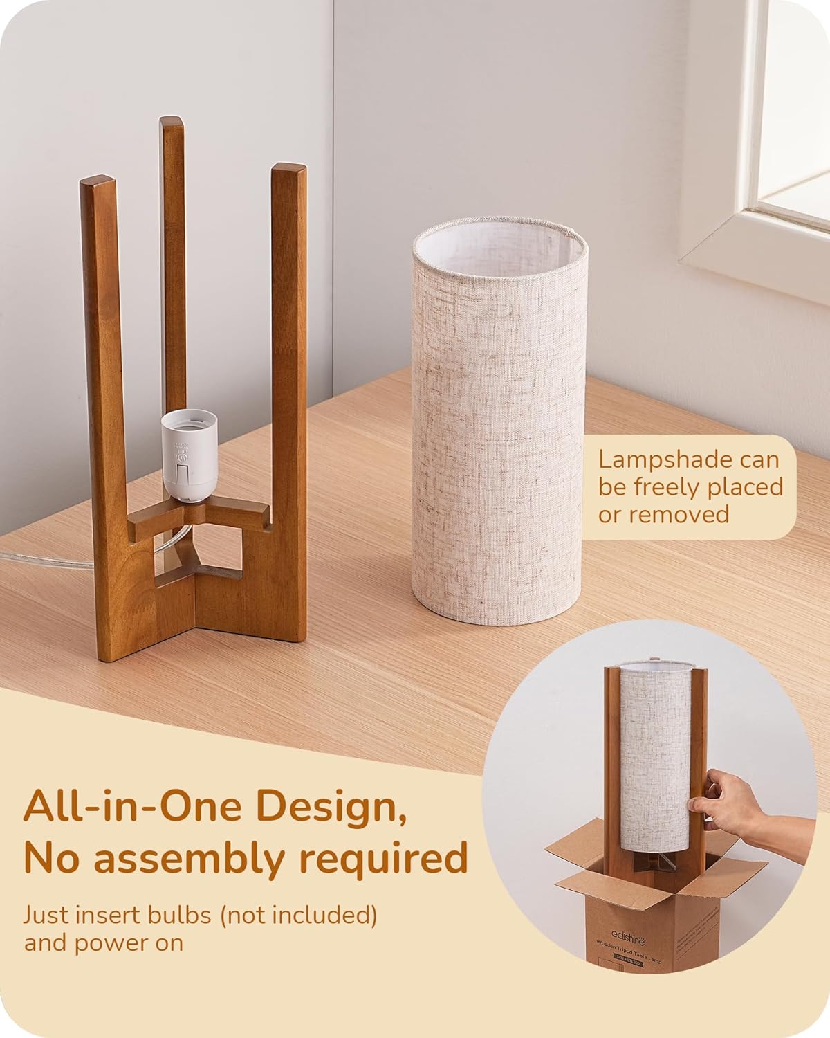 EDISHINE 13.5" Small Table Lamp, Walnut Wood Cylinder Nightstand Lamp for Bedroom, Beige Linen Shade, Corner Modern Bedside Lamp for Living Room, On-Off Line Switch, E26 Base (Bulb Not Included)