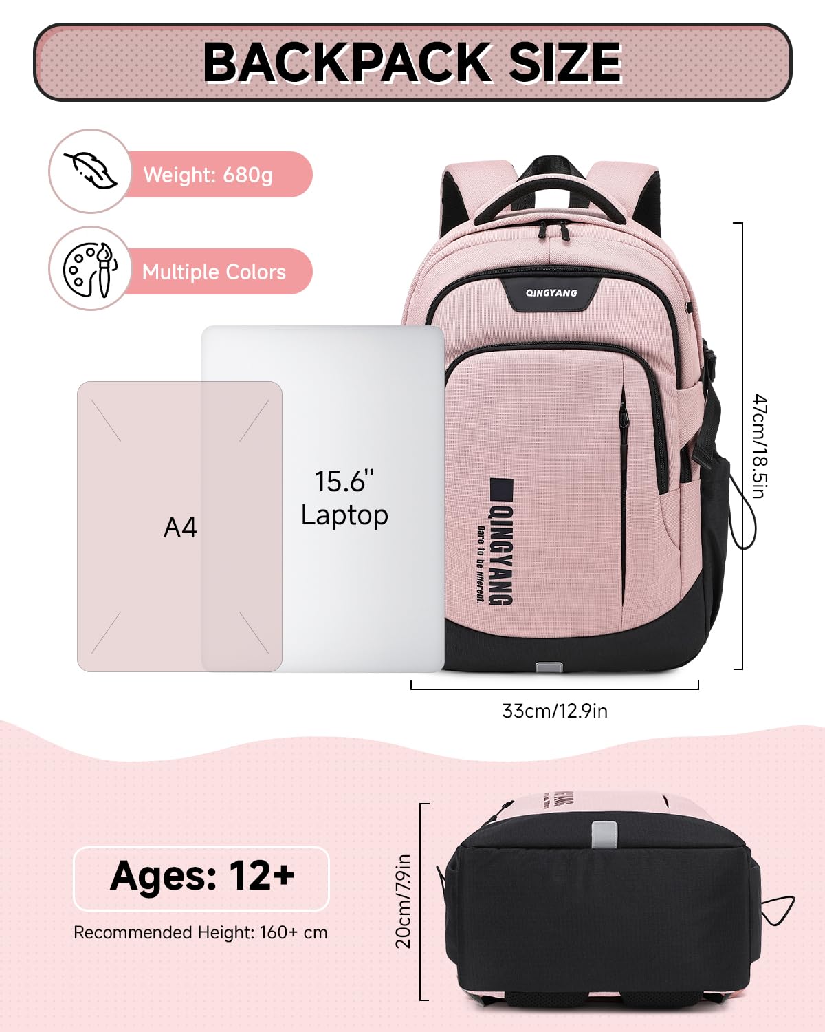 Sac à Dos pour Adolescents Filles - Grand Cartable Fille Respirant de 32L pour le College Lycée et Universités - Sac a Dos Loisirs Tendance pour Portable 15.6", Rose