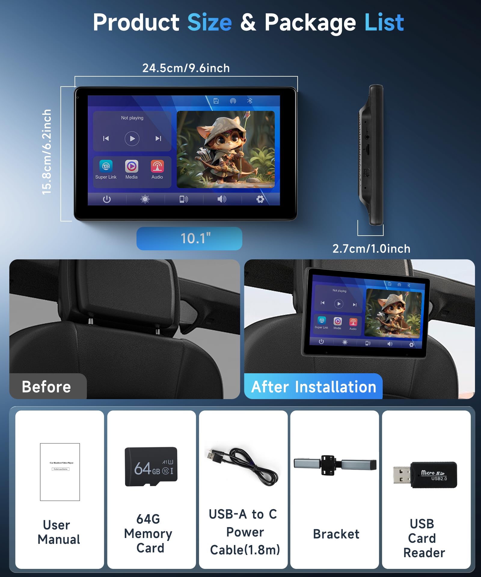 Rimoody Tragbarer Auto TV Kopfstützen Monitor Player für den Rücksitz mit Carplay Android Auto You-Tube Bluetooth, 10,1 Zoll IPS Touchscreen Videoplayer, Mirror Link/FM Transmission/AUX 64 G TF Karte