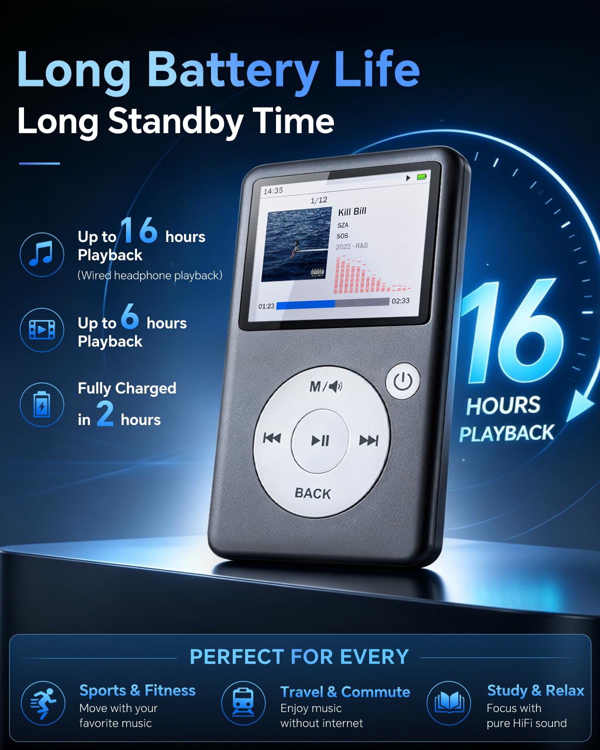 Lecteur MP3 Bluetooth 5.3 avec Radio FM, E-Book et Commandes tactiles