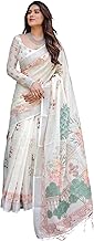 ALMAARI FASHION Handloom Linen Floral Printed Saree with Tassels on Edges & Attached Blouse Piece | 5.5 Meter Saree + 0.8 Meter Blouse