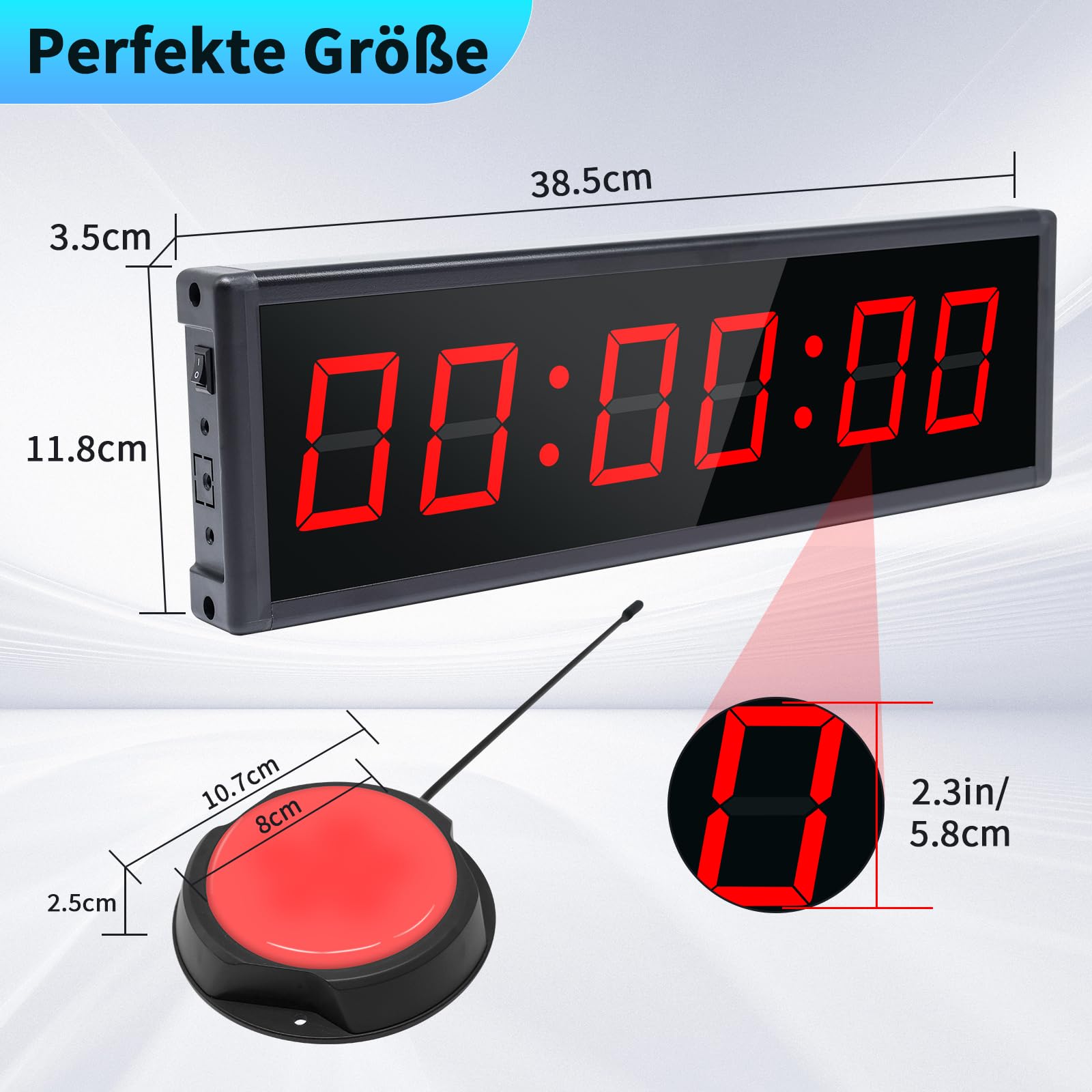Gym Timer mit Kabellosem Start-/Stopp-Taste, 6 Stelliges Stoppuhr Digital mit Fernbedienung, Countdown Timer, 12/24H LED Digital Uhr für Workout, Fiteness, Sport, HIIT/Tabata/FGB(1 Taste)