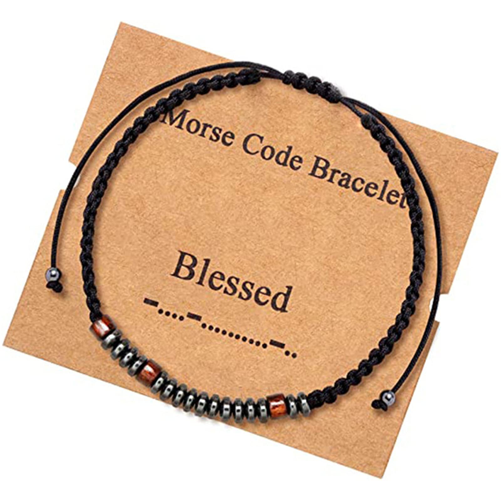 Inspirational Morse Code Hematite Obsidian Bead Bracelet Adjustable Braide Cord Rop Wrap Bracelet for Women Men Girl Mother Boy Friend Handmade Card Friendship Graduation Jewelry Gift