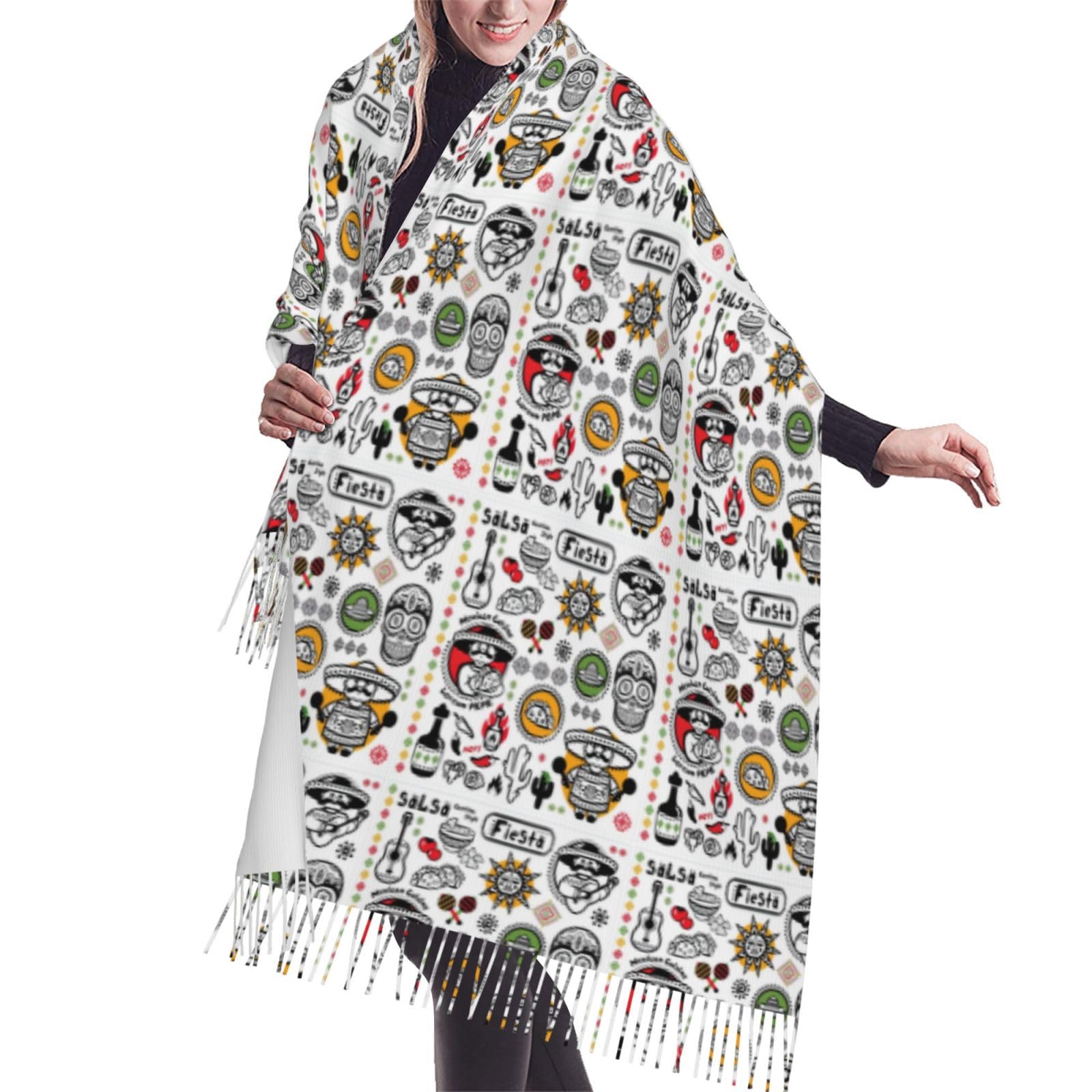 Fifbird Women's Mexican Salsa Symbol S Print Cashmerette Fringed Scarf Shawl For Lightweight Scarf Fall Winter Thick Scarf