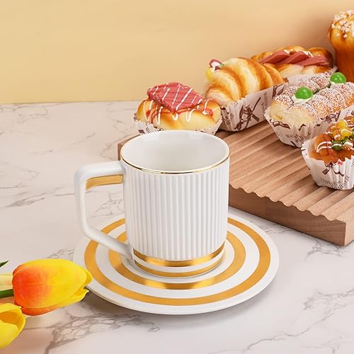 Miniatura 3 de Koythin Taza de café de cerámica, taza creativa con platillo de borde dorado, taza de café novedosa con agarre cómodo para la oficina y el hogar,
