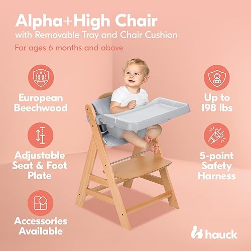 Miniatura 2 de hauck AlphaPlus Grow Along - Silla alta de madera con mesa extraíble gris y cojín de asiento de lujo para bebés de 6 meses en adelante
