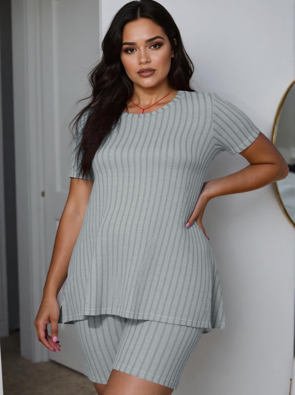 YeGine Women Plus Size 2 Piece Outfits Casual Short Sleeve Tunic Tops Shorts Sets Oversized Summer Sweat Suits Tracksuit - Image 3