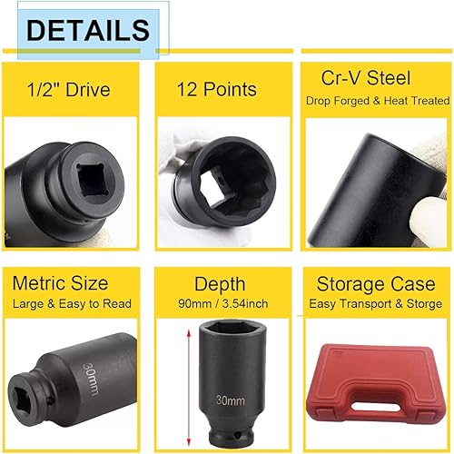 Miniatura 3 de Juego de 4 llaves de impacto profundo de 12 pulgada métricas de 30,32,34,36 in, 12 puntos, 3.543 in de profundidad, eje de husillo, tuerca de