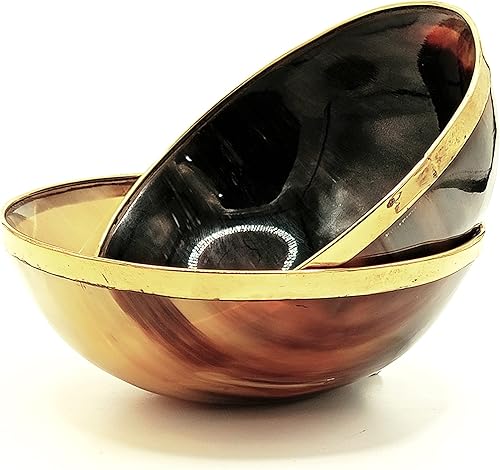 Miniatura 6 de Tazón decorativo para afeitar, servir y cuenco decorativo con borde de latón, hecho a mano con cuerno de yak natural, cuenco para servir, cuenco